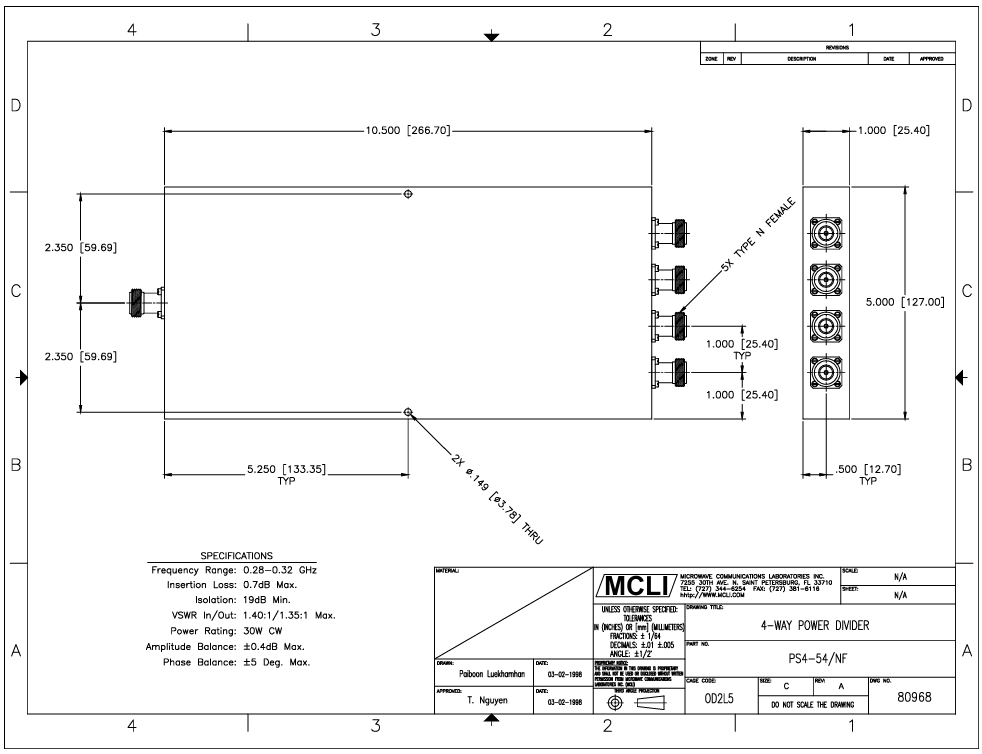 PS4-54/NF表面貼裝(SMT)4 路功率分配器/合路器 PS4-54/NF表面貼裝(SMT)4 路功率分配器/合路器